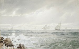 Yachts Off Newport, 1877 (wc & gouache på gulvævet papir) af William Trost Richards